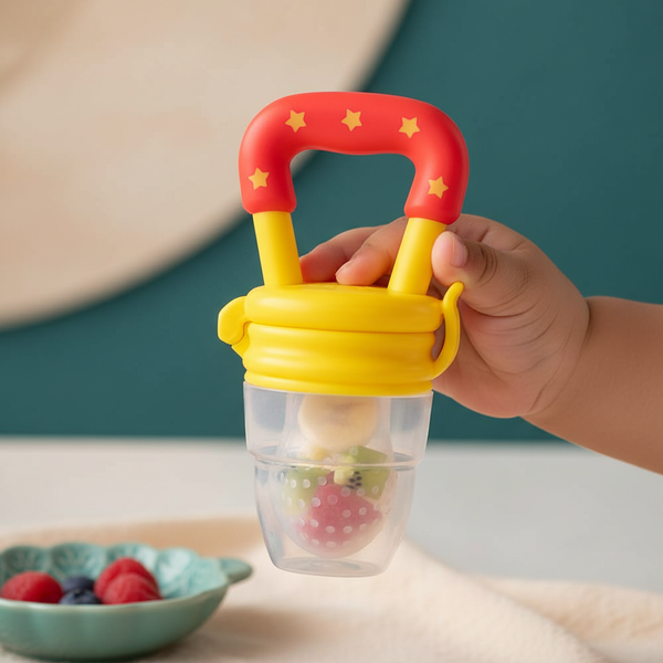 Close-up of a baby's hand holding a multicolor fruit feeder, showing small fruit pieces through its silicone mesh.