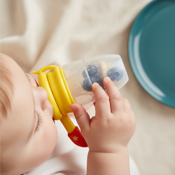 Baby's hand holding a multicolor fruit feeder filled with chilled fruit, touching their cheek to soothe teething gums.
