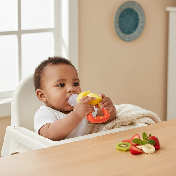 A 4-month-old baby's hands grasping the teal handle of a fruit feeder, sitting in a high chair.