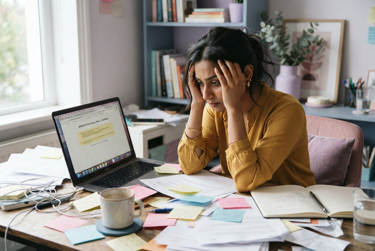 Stressed South Asian entrepreneur working at a cluttered desk with messy papers and open laptop tabs representing inefficient