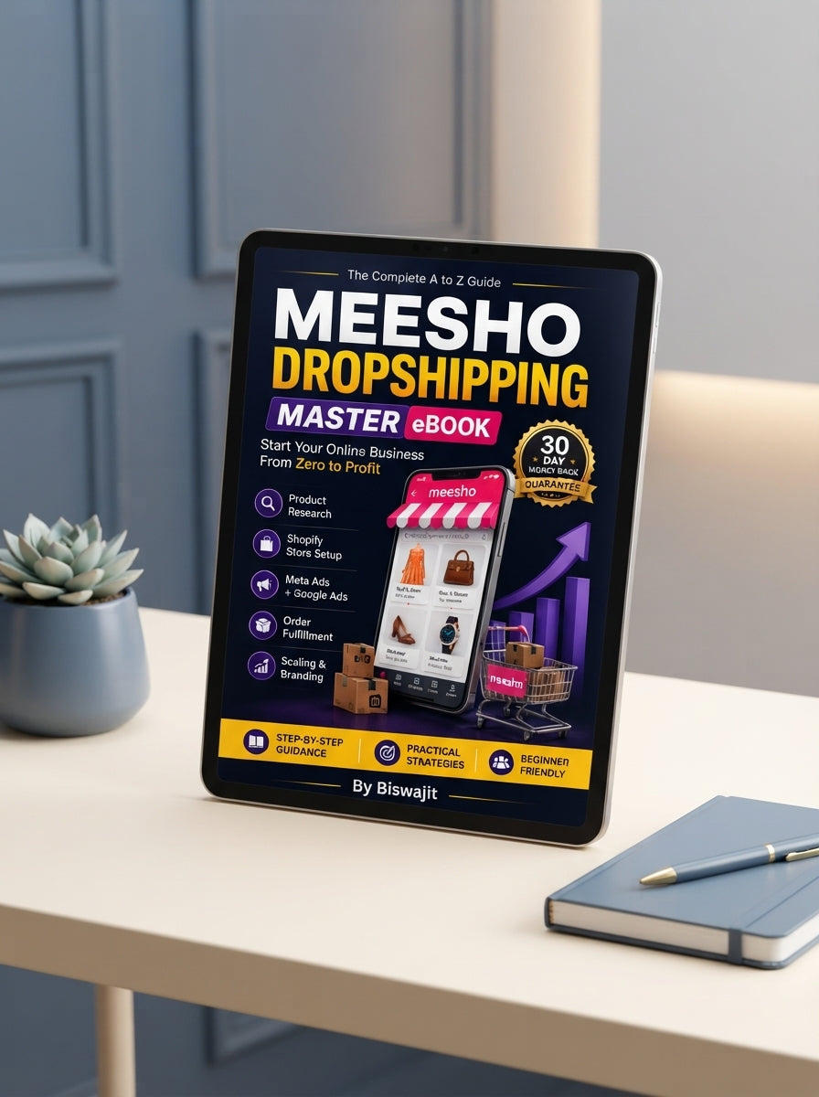 A digital tablet showing the Meesho Dropshipping Master eBook on a minimalist desk with slate blue and cream accents.